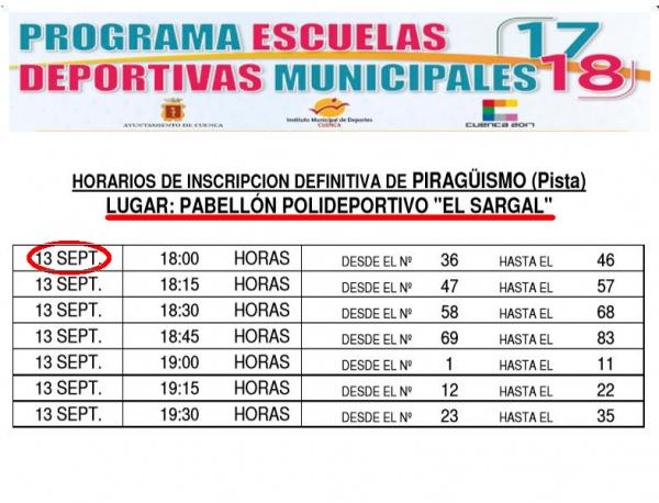 ESCUELA MUNICIPAL DE PIRAGÜISMO, HORARIO DE CITACIÓN